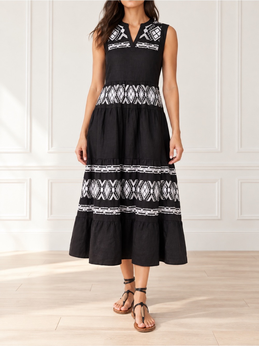 NWT Chico’s Black Linen Midi Dress Sz 1 US 8 Embroidered Tiered Boho Sleeveless
